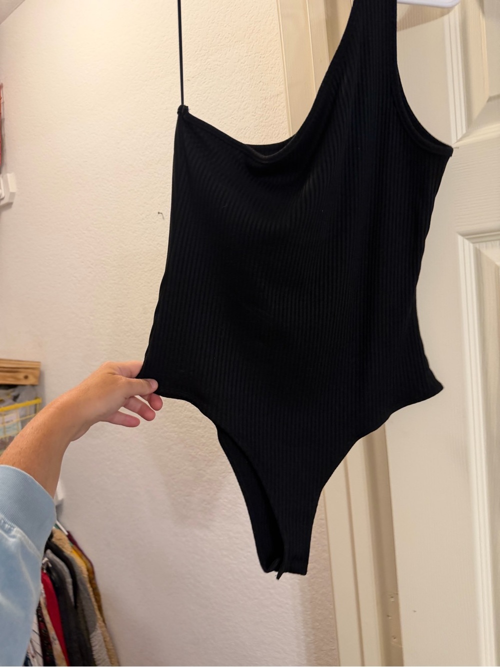 Black Ribbed One-Shoulder Bodysuit - Women